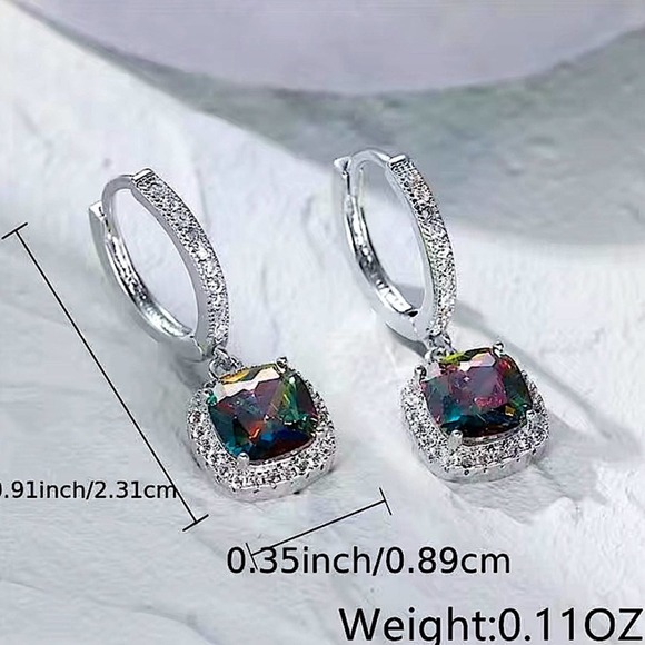 Mystic Topaz White Gold Plated Square Cut Zircon Dangle Earrings - Picture 7 of 7